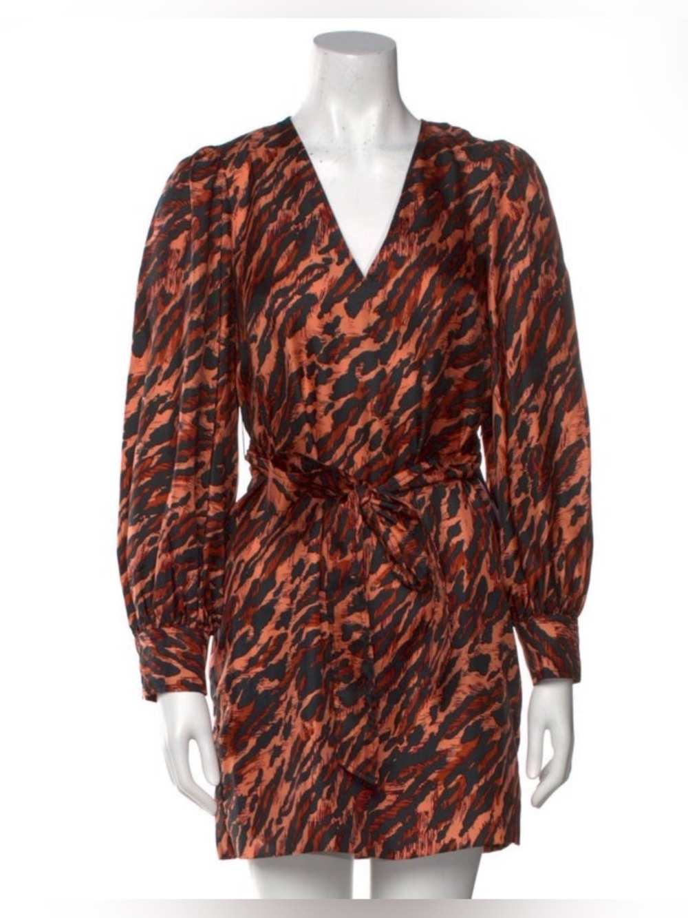 Sandro Orange and Black Animal-Print Tie-Waist Silk Mini Dress Sz.S